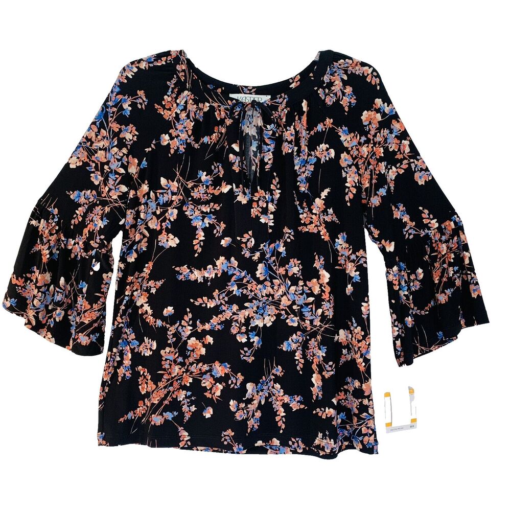 Kasper Blouse Women Size S Black Floral Printed 3/4 Bell Sleeve Cottage Boho NWT